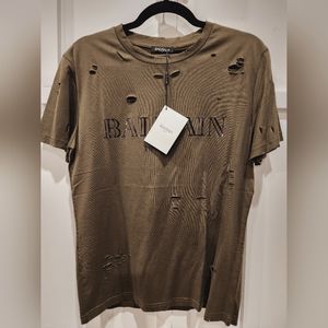 Balmain Mens Logo Print Distressed Crew T-Shirt - Small